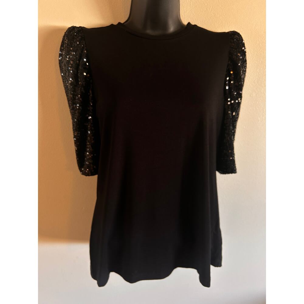 Rachel Zoe Sequin Sleeve Top Black Stretch Tee Medium